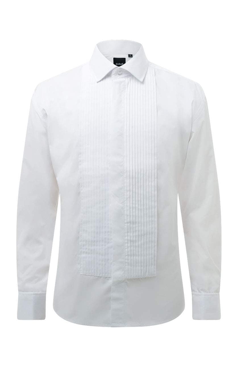 Mens White Tuxedo Dress Shirt Regular Fit Standard Collar Double Cuff Pleated Fly Front