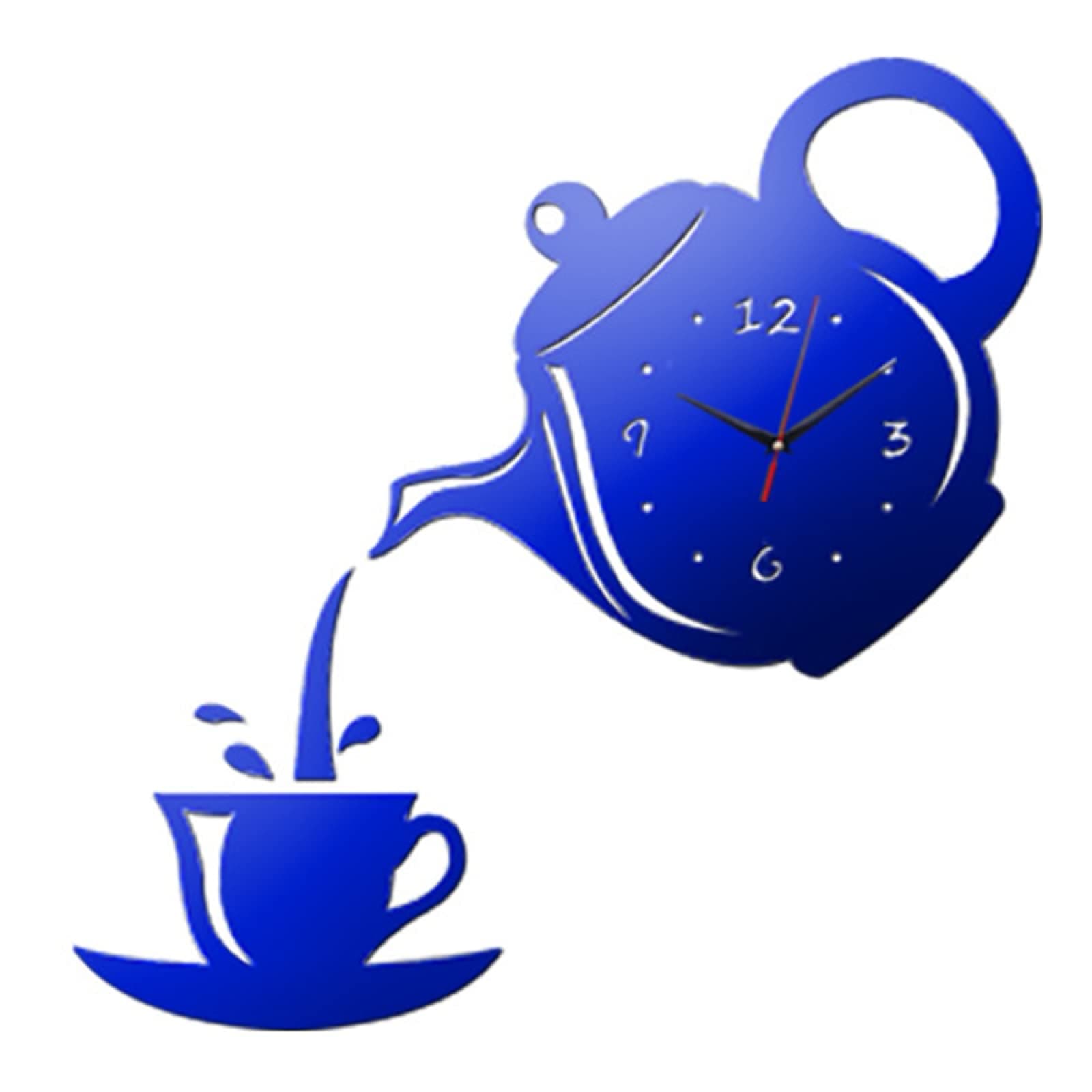 BaiWaNG Coffee Cup Teapot DIY Wall Clock Creative 3D Wall Clocks Kitchen Acrylic Mirror Sticker Decorative Living Room Home Decor Clock,Blue