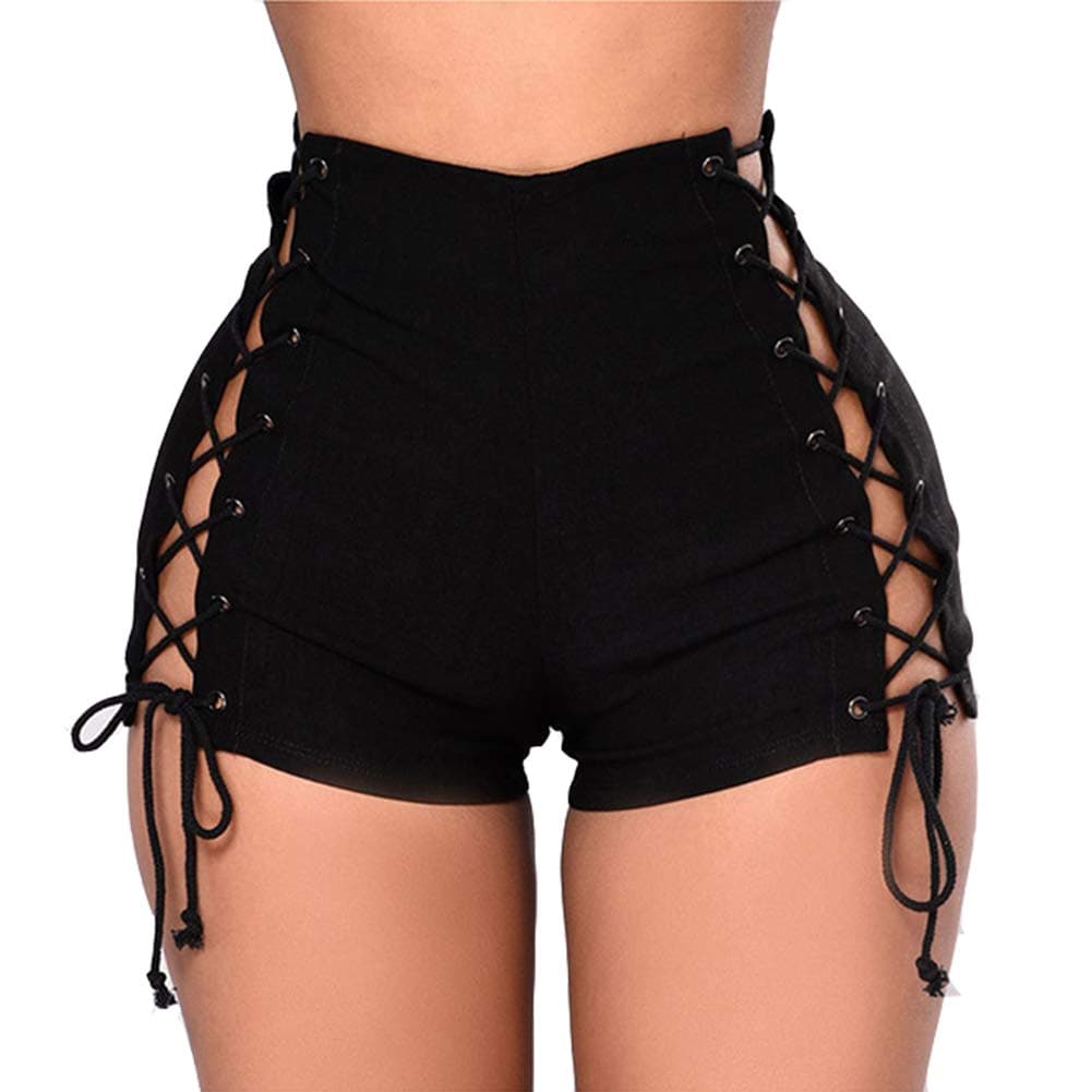 SusupengWomen Mid Rise Side Straps Lace Up Stretch Denim Jean Booty Hot Shorts