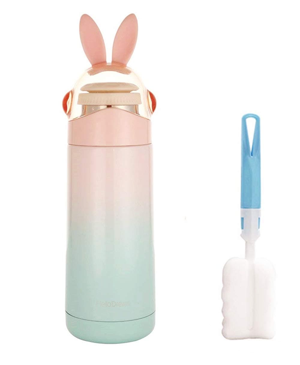 Milepet Cute Cartoon Rabbit Thermos Stainless Steel Vacuum Flask Drinking Bottle Insulated Mug Vacuum Drinking Cup w/Handle and Brush, Gradient Color - 12OZ (Pink/Green)
