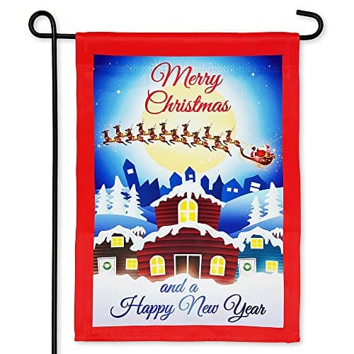 Harbor Bay Home Merry Christmas Garden Flag – Double Sided Printing – 12.5 X 18 Inches – Santa Clause with Sleigh and Reindeer & Happy New Year - Seasonal Yard Or House Banner Flags for The Holiday