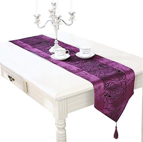 Aothpher 13x70 inch Classic Violet Damask Table Runner Purple with Tassel for Thanksgiving, Christmas, Party, Event Decor