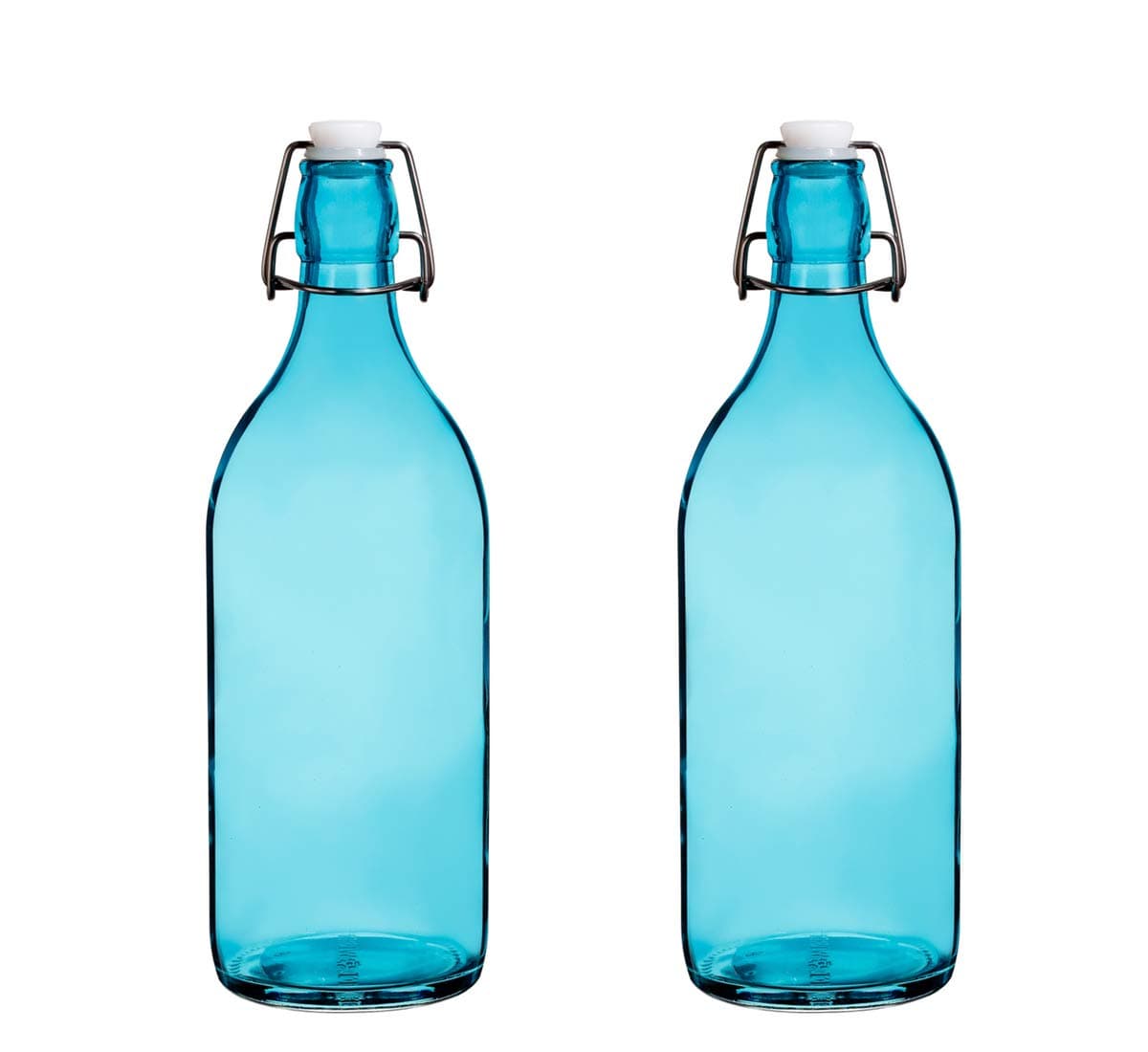 Flowersea Set Of 2, Colorful Reusable Glass Water Bottles With Swing Top Leakproof Cap, 1L/34oz, Glasss Water Bottle for Home Brewer, Beverages, Fridge, Kombucha,Water, Beer (Blue, Round)
