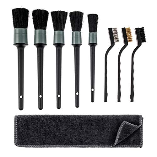 Smaiemeinu Detailing Brush Set - Including Natural Boar Hair Detail Brush, Steel Wire Brush ， - Free Microfiber Towel - for Cleaning Engine, Wheel, Interior,Air Vent, Car, Motorcycle,(Plastic Handle
