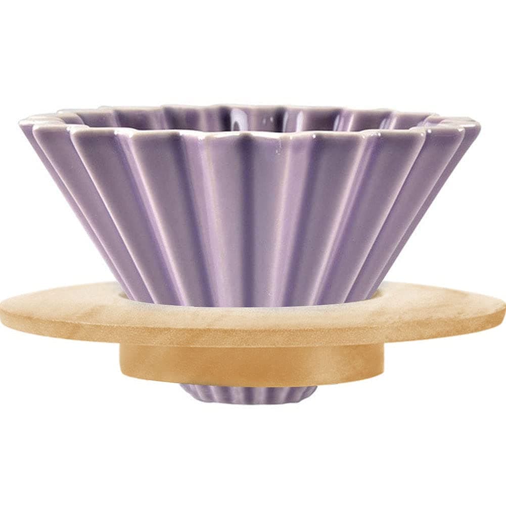 Ceramic Coffee Dripper Pour Over Coffee Maker with Wood Stand Elegant Flower Shape V60 Filter for 1-2 Cups Slow Brewing Accessories for Home Cafe Restaurants Purple
