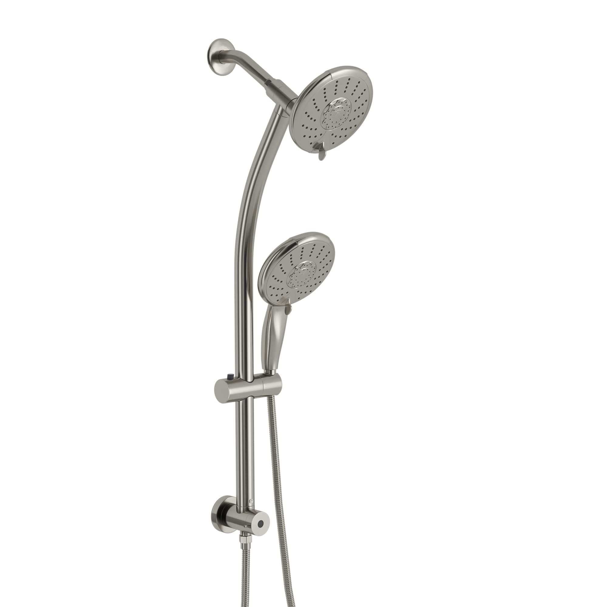 Dual Shower Head Fauce - Lordear Double Rain Shower Set 5 Setting Hotel Spa Dual Bathroom Shower Heads Handheld Combo Brushed Nickel Shower Set with Adjustable Slide Bar