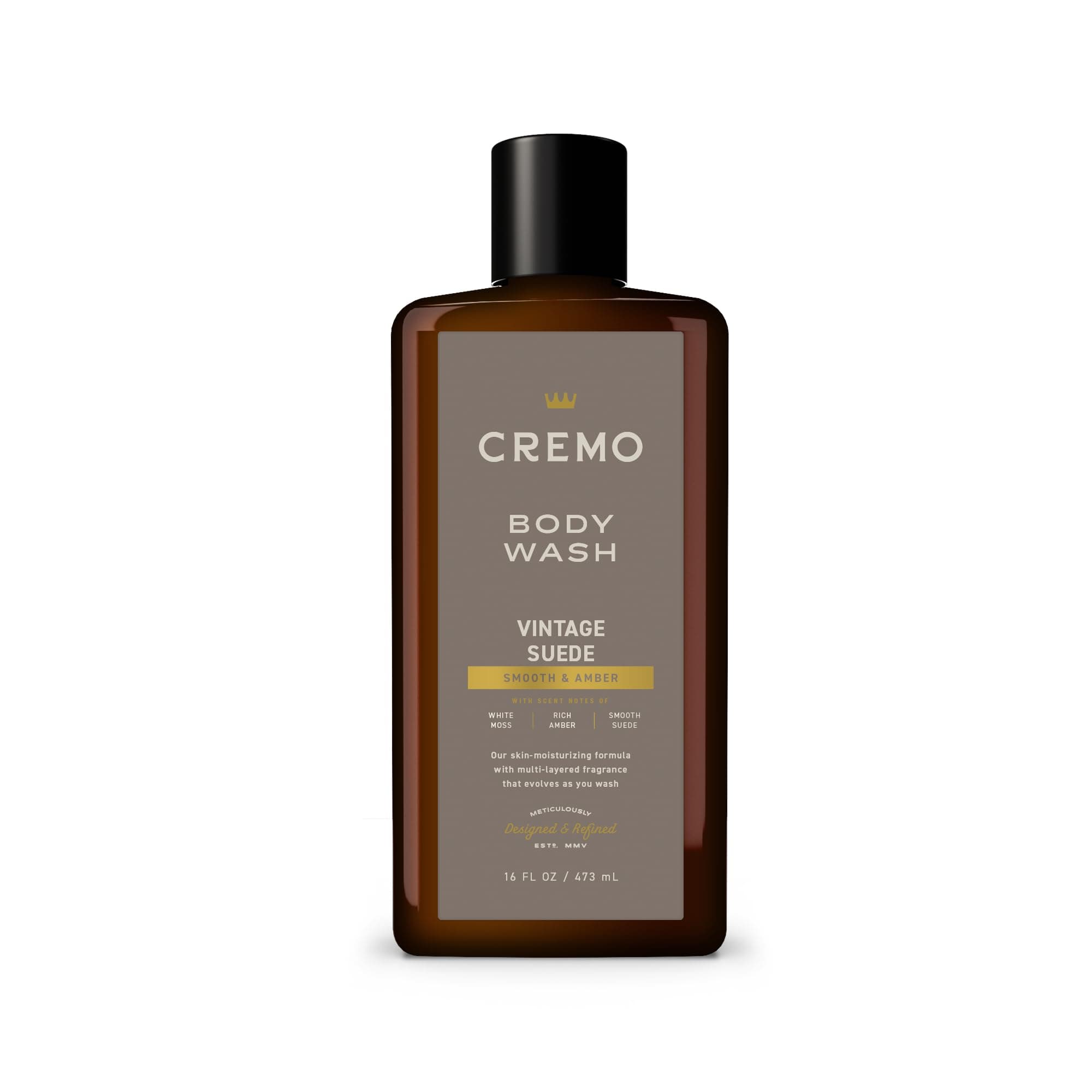 Cremo Rich-Lathering Vintage Suede Body Wash, A Vintage Suede with Notes of White Moss and Rich Amber, 16 Fl Oz
