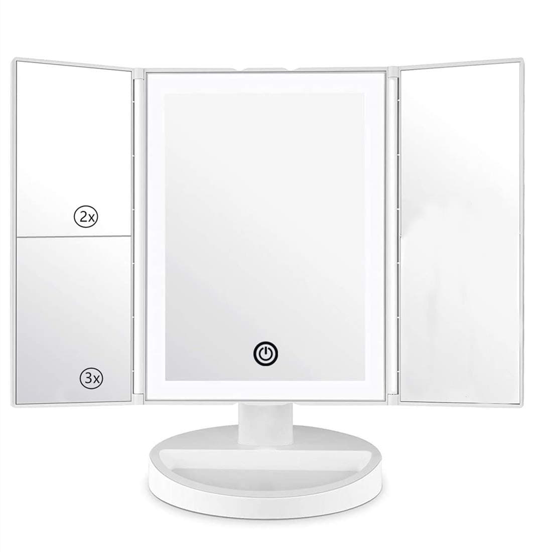 Tri-fold Lighted Vanity Makeup Mirror with 1x/2X/3X Magnification, 36 LED Lights Bright Natural,Touch Screen USB Charging 180° Free Rotation, Countertop Cosmetic Mirror,Travel Mirror