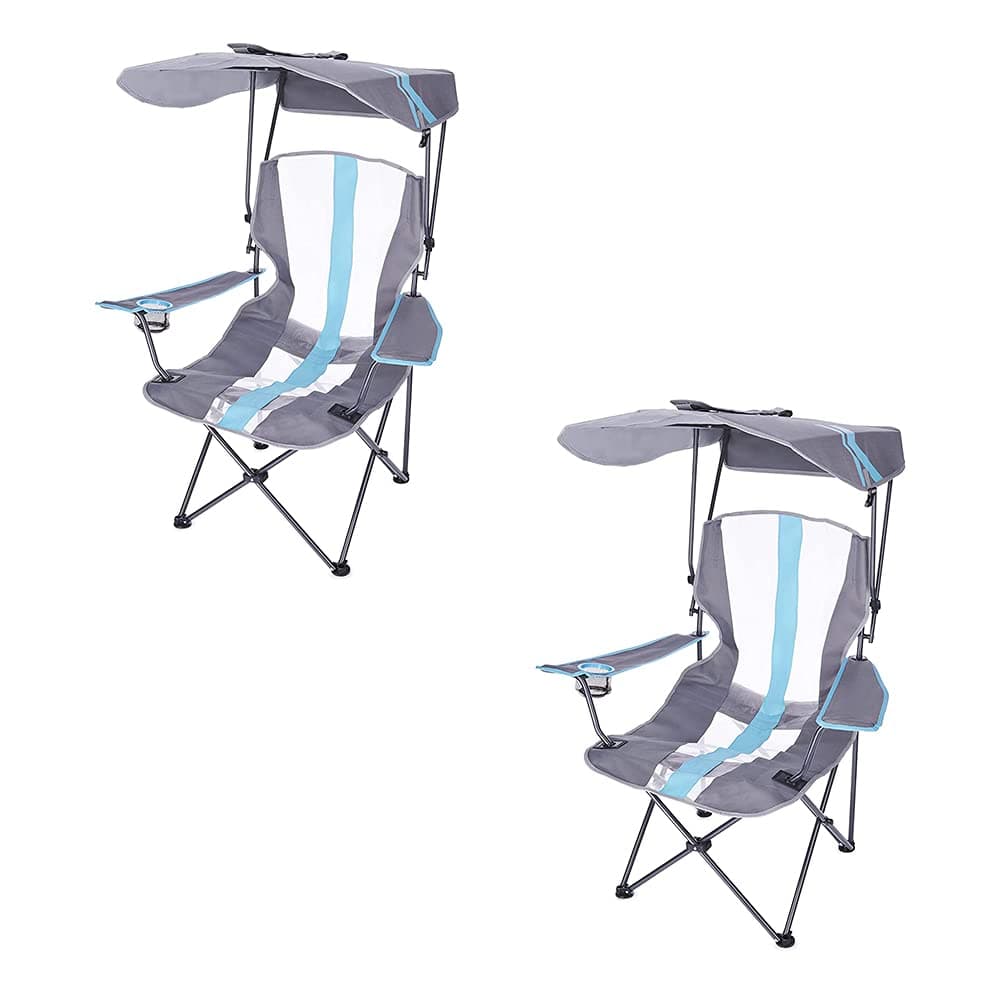Kelsyus Premium Portable Camping Folding Outdoor Lawn Chair w/50+ UPF Canopy, Cup Holder, & Carry Strap, for Sports, Beach, Lake, Blue & Gray (2 Pack)