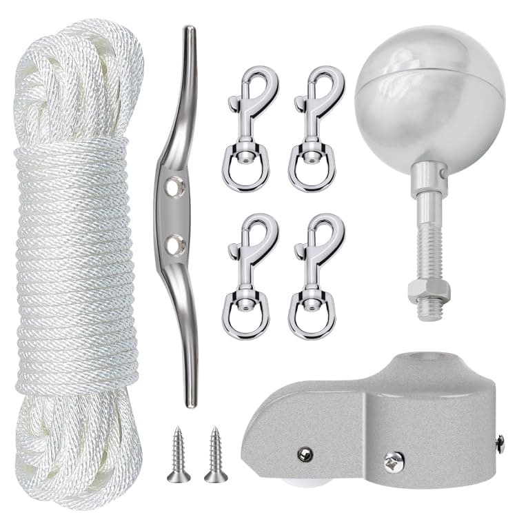 NQ Flagpole Hardware Repair Parts Kit,50 Feet Halyard Rope+3" Silver Ball+6" Zinc Alloy Cleat+4 Metal Swivel Snap Clips+Aluminum Alloy Flagpole Truck with Nylon Pulley for 1.6"-2" Flag Poles