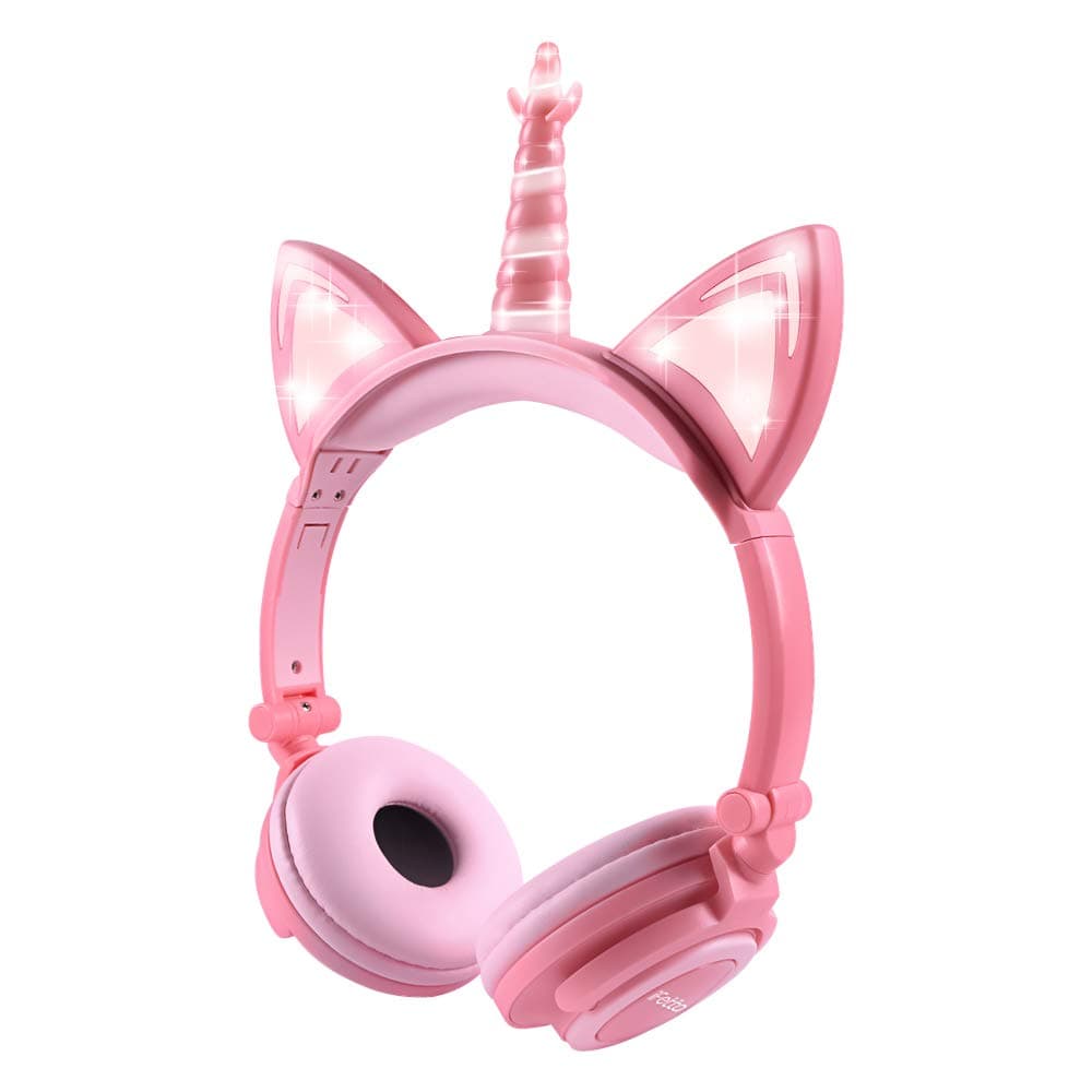 Kids Headphones, Cute Unicorn Cat Ear Headphones Foldable and Adjustable Safe Wired Kids On Ear Headphones for Girls, Teen, Adult, Cosplay/Dance/Party/Birthday Gifts (Peach)