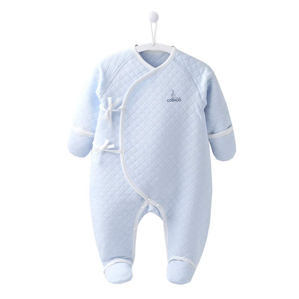 100% Cotton Newborn Footie Pajamas with Mittens Side-Belt Infant Footed Sleeper Cozy Warm Baby Outfits Blue