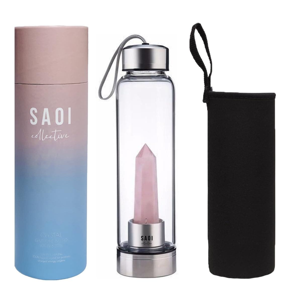 SAOI Crystal Water Bottle - Rose Quartz Gemstone Infused Elixir - Natural Wellness Healing - Glass/Stainless Steel