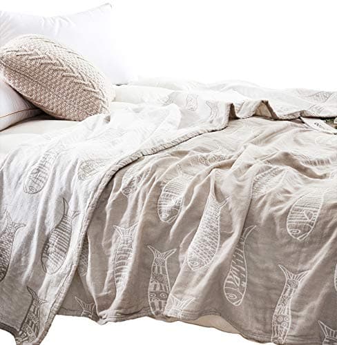 MEJUFish Gray Morden Muslin Lightweight Summer Blanket for Bed Sofa Couch 100% Combed Cotton 3 Layer Soft Warm Bedspread Throw Blanket Bed Coverlet Sheet Twin 60 in X 80 in