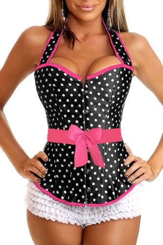 Sexy Lace Up Back Black & White Polkadot Satin Corset With Pink Lace Size 6-8 + G-string Bustier SSC7448 M