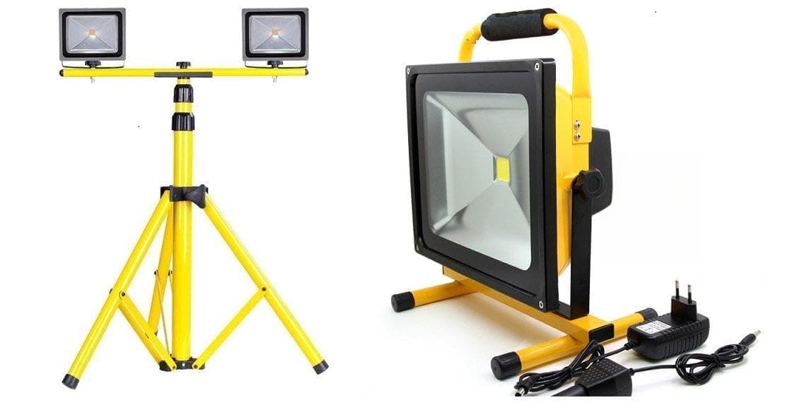 MyraBec CORDLESS Portable LED Work Light - Twin CORDLESS 30W LED Floodlights w/Light Tower Telescoping Tripod Stand