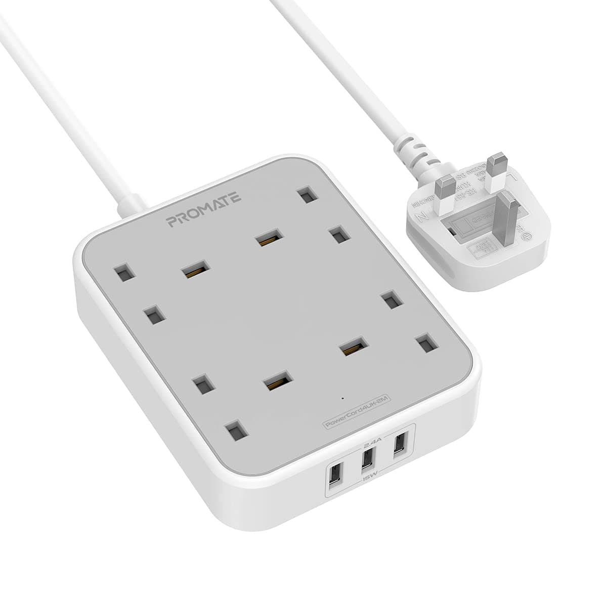 Promate Power Strip, Powerful 7-in-1 Wall Charger with 3250W 4 AC Outlets, 3 USB Intellicharge Ports, Over-Charge Protection and 2M Extension Cord for iPhone 12/Home/Office/iPad, PowerCord4UK