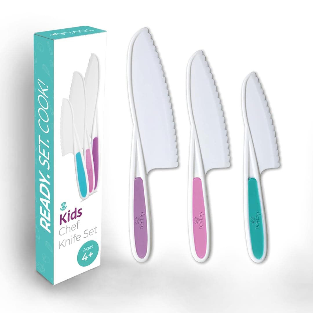 Tovla Jr. Kid Safe Knife Set for Real Cooking | 3-Piece Toddler Kitchen Knives | Montessori & STEM Cooking Tools Ages 4–12 | BPA-Free, Dishwasher-Safe | Christmas, Birthday & Stocking Stuffer Gift