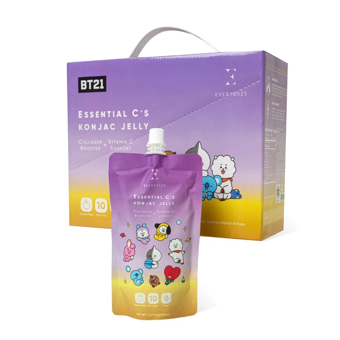 EVERYDAZE BT21 Essential C’s Konjac Jelly | Korean Pear | Vegan Collagen Peptides and Vitamin C | Gluten Free, Sugar Free, Low Calorie | Healthy Drinkable Fruit Snack | 10 Pack Box Food Drink Pouch
