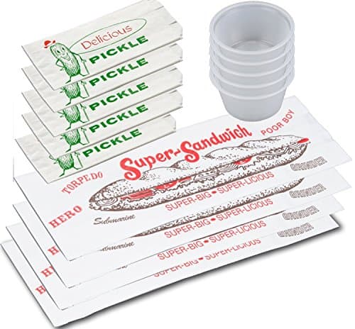 50 Sandwich Wrap Bags + Pickle Bags with Dressing condiment cup & Lids Printed Design Hoagies/Subs outdoor picnic Submarine party pack