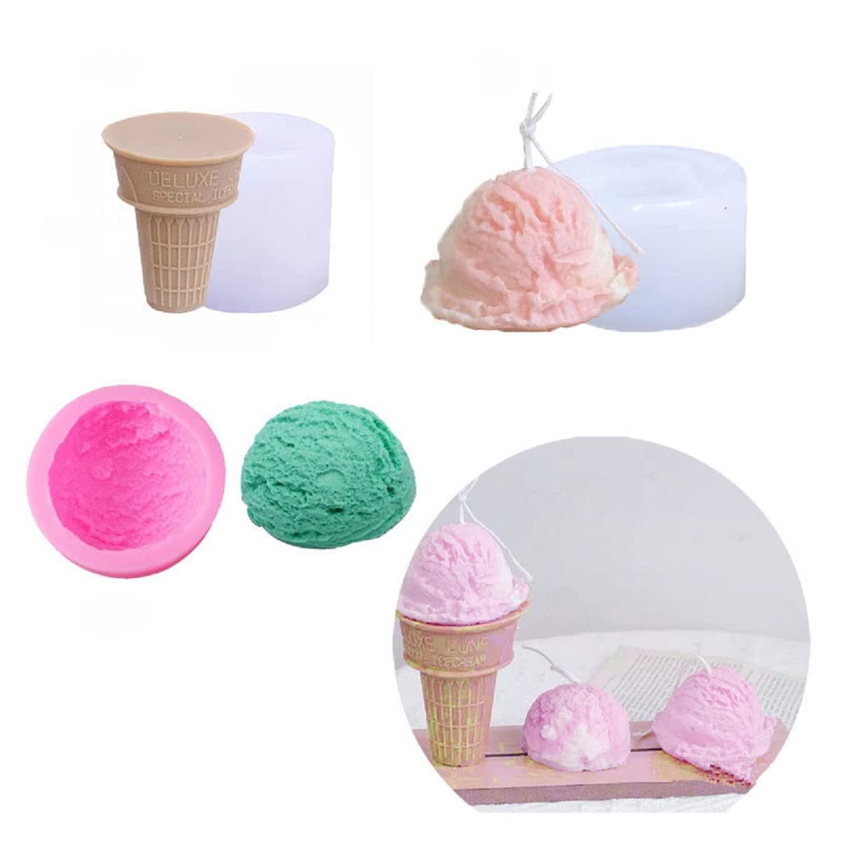 Xidmold 3 Pcs Ice Cream Cone Silicone Fondant Mould, Clay Soap, Candle Making Moulds, Cake Baking Mould, Silicone 3D Ice Cream Ball Cookie Pastry Mold for Chocolate Dessert Pudding Mousse Decor