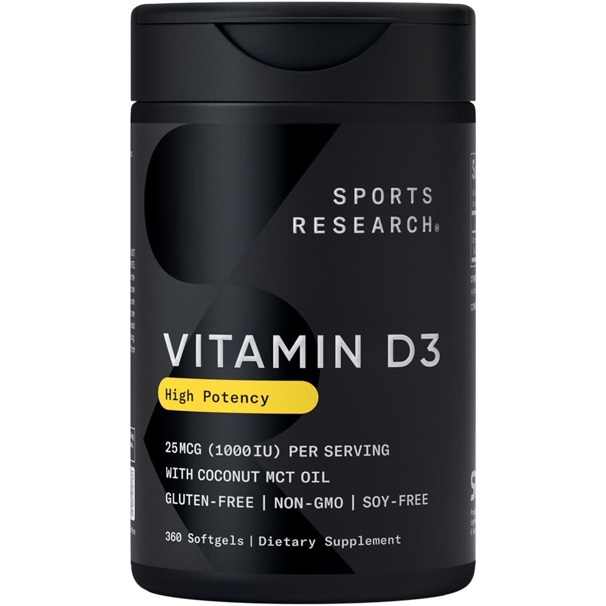 Sports Research® Vitamin D3 1000 IU with Coconut MCT Oil - High Potency Vitamin D Supplement for Immune & Bone Support - Gluten Free · Non-GMO · Soy Free - 360 Count Softgels