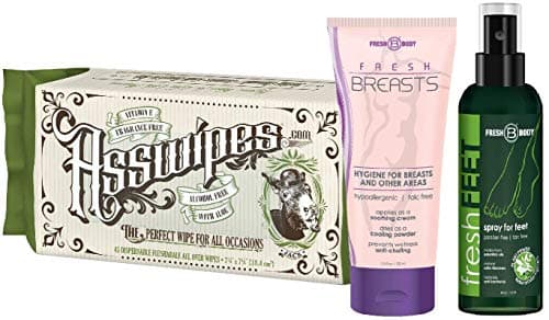 FRESH FEET, FRESH BREASTS and ASSWIPES Bundle! Fresh Feet 4 oz Odor Fighting Spray w/Essential Oils, Fresh Breast 3.4 oz Antiperspirant and Asswipes Personal Wipes!
