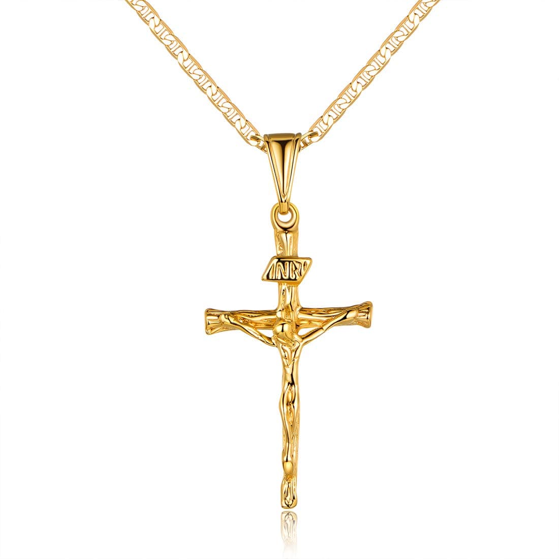 Cross Necklace for Women & Men 18K Gold Plated Flat Mariner/Marina 060 3MM Chain Necklace With Cross Pendant.