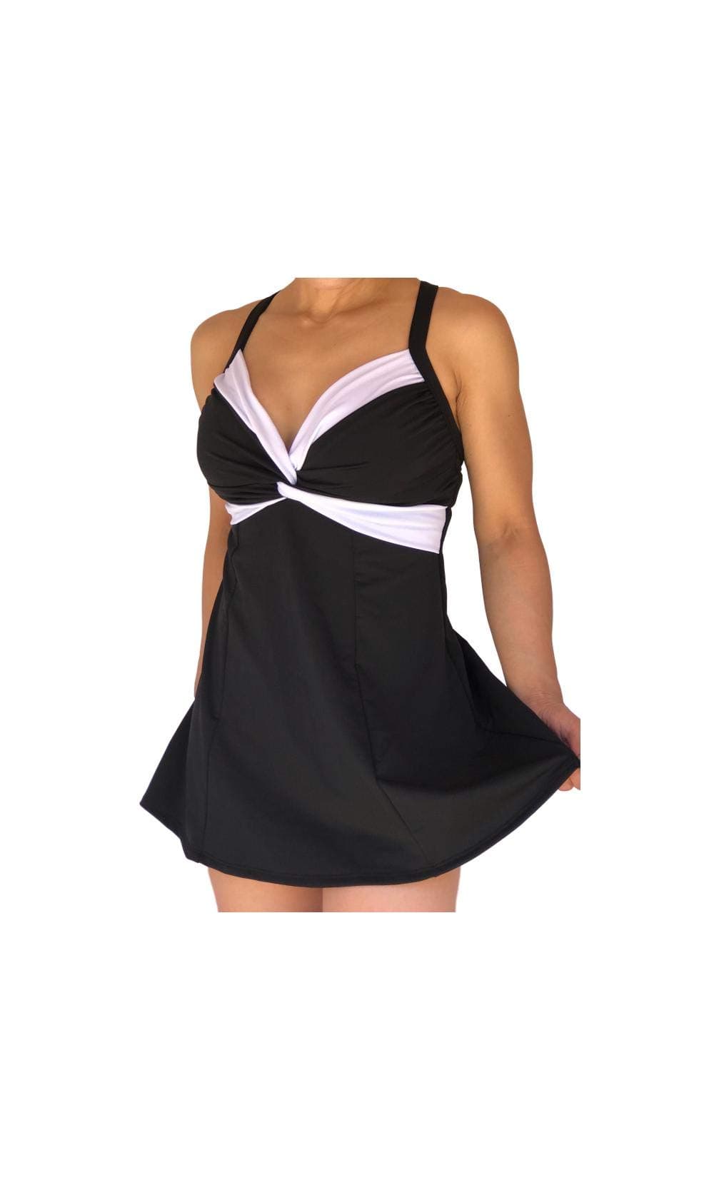 Carol Wior A144 Black/White Twist Swimdress Swimsuit with Control (Size 16)