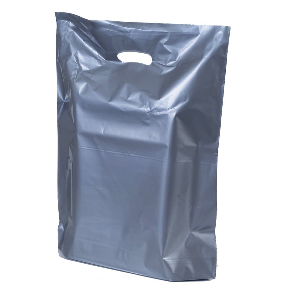 UNIPACKLTD® Silver Plastic Carrier Bags - 38cm x 46cm + 7cm - (1 BOX - 50 BAGS)