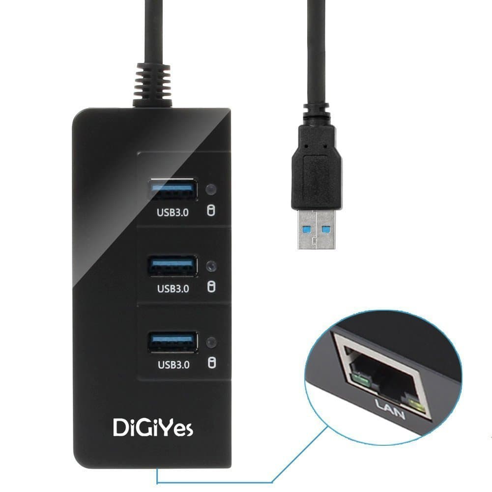 DiGiYes [2-in-1] 3-Port USB 3.0 Hub with RJ45 10/100/1000 Gigabit Ethernet Port Converter LAN Wired Network Adapter & Built-in 1Ft USB 3.0 Cable Support Windows XP / 7 / 8 / 10, Vista, Mac OS 10.6 and above, Linux
