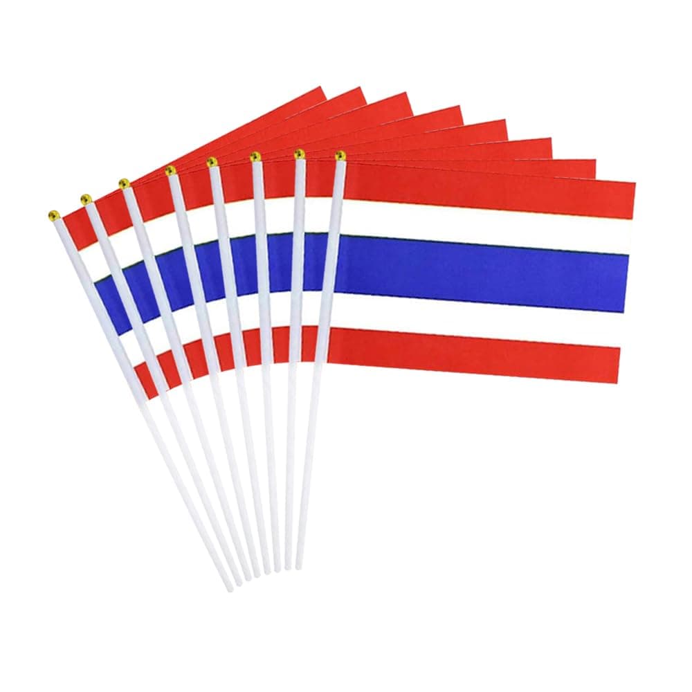 20 Pack Small Thailand Flags on Stick, 5x8'' Handheld Thai Flag, 12'' Plastic Staff, Double-Sided Printed Polyester, Waterproof Fade-Resistant for Independence Day, Parades, Patriotic Events