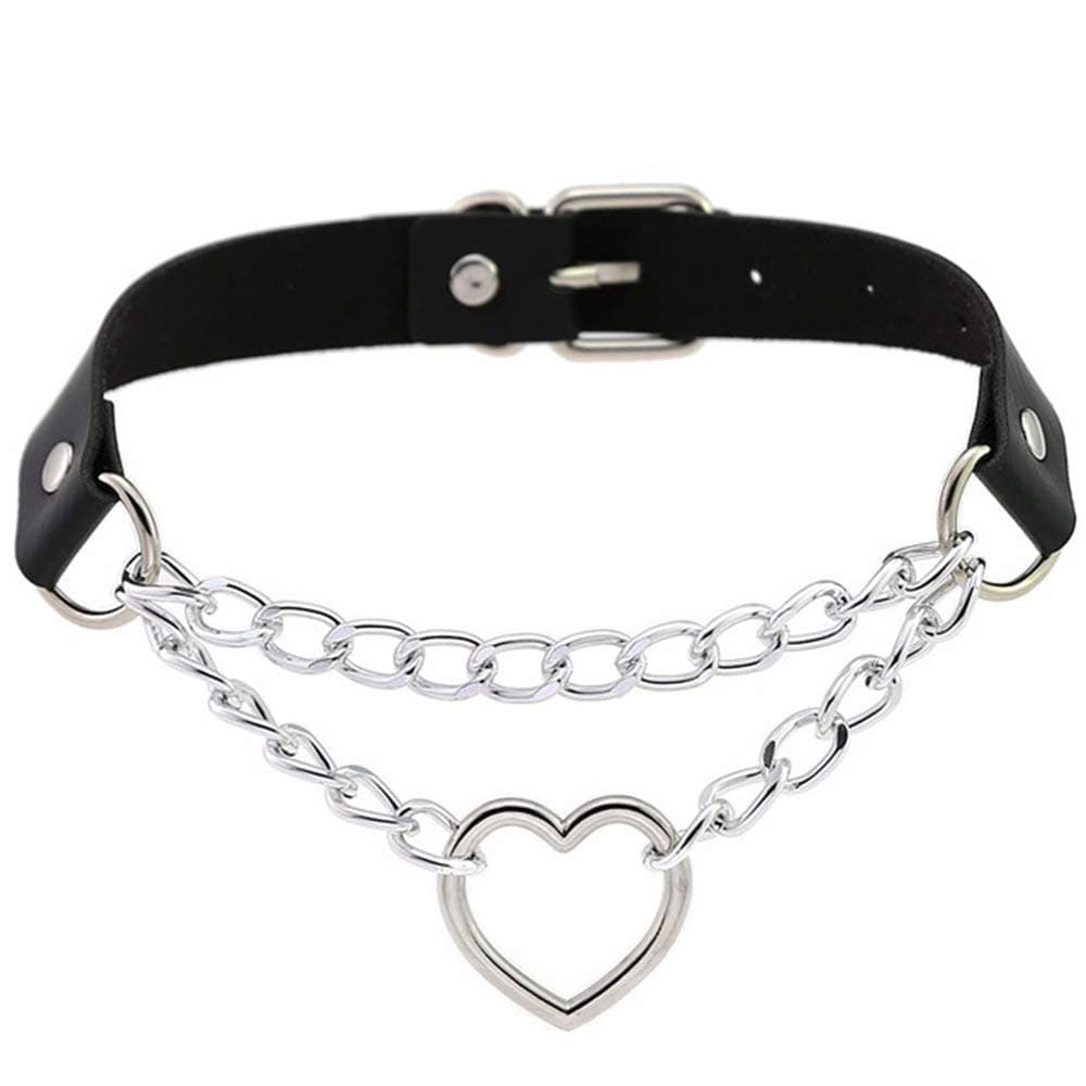 ZZHH Necklace Hip Hop Cute Cosplay Maid Collar Punk Gothic Leather Collar Metal Chain Harajuku Adjustable Heart Necklace Fashion Jewelry Black