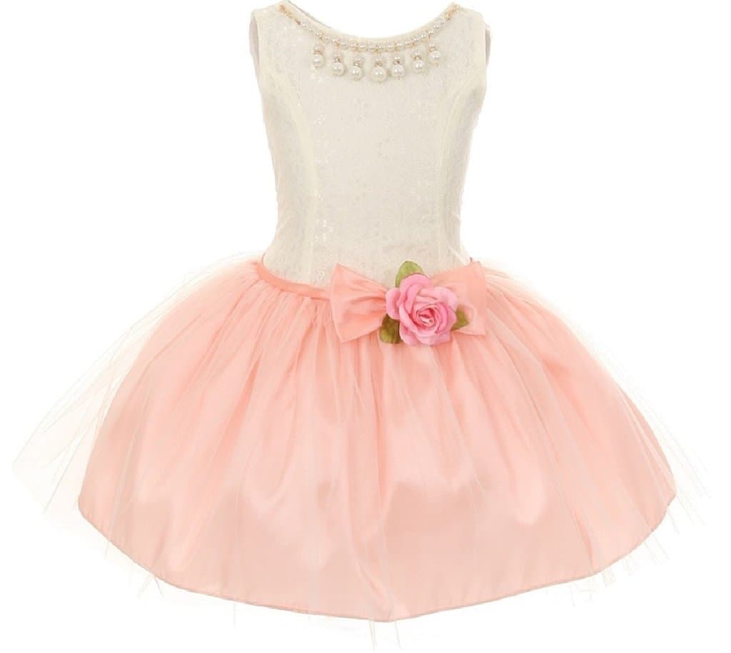 Little Girls Adorable Lace Pearl Taffeta Tulle Mesh Easter Flower Girl Dress