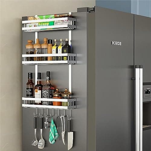 YYDSJFM Fridge Spice Rack Organizer,Fridge Side Shelf,Refrigerator Shelf Storage Non-Marking Installation Space-Saving for Small Kitchen Apartment (Silver)