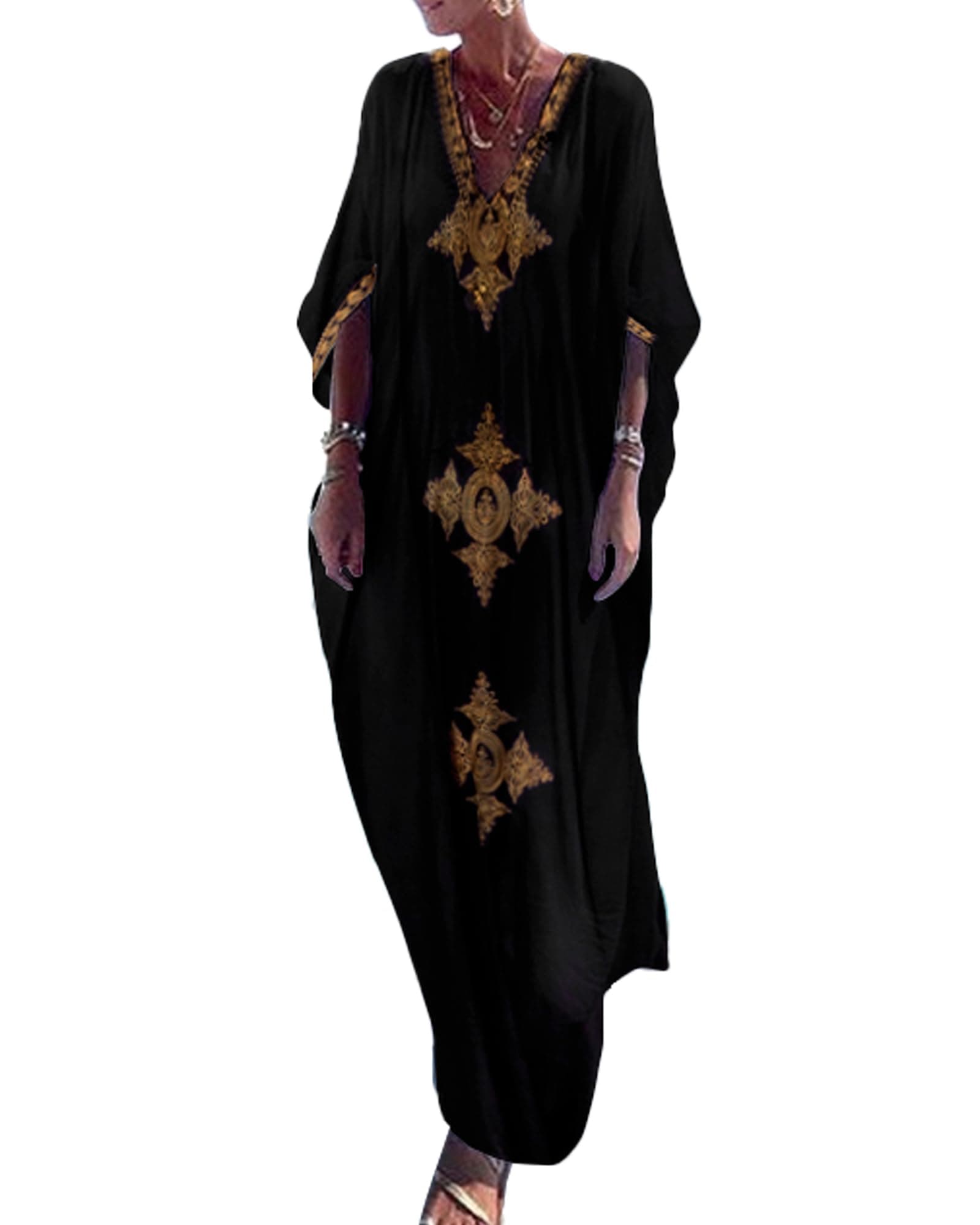 Gold Embroidery Long Kaftan Dresses V Neck Caftan Dress Beach Cover Ups for Women Embroidery