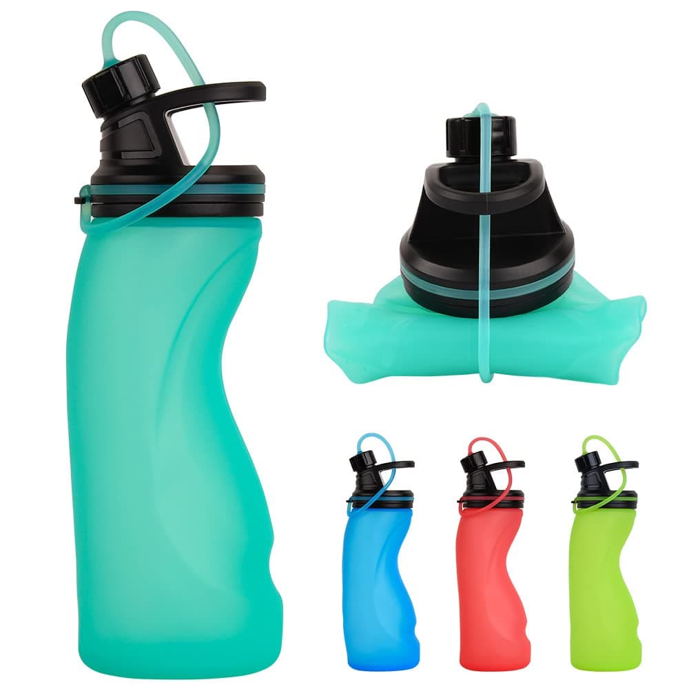 E-Senior Collapsible Water Bottle BPA Free - Foldable Water Bottle for Travel Sports Bottles with Triple Leak Proof Lightweight 17oz (Upgraded Aqua Blue)