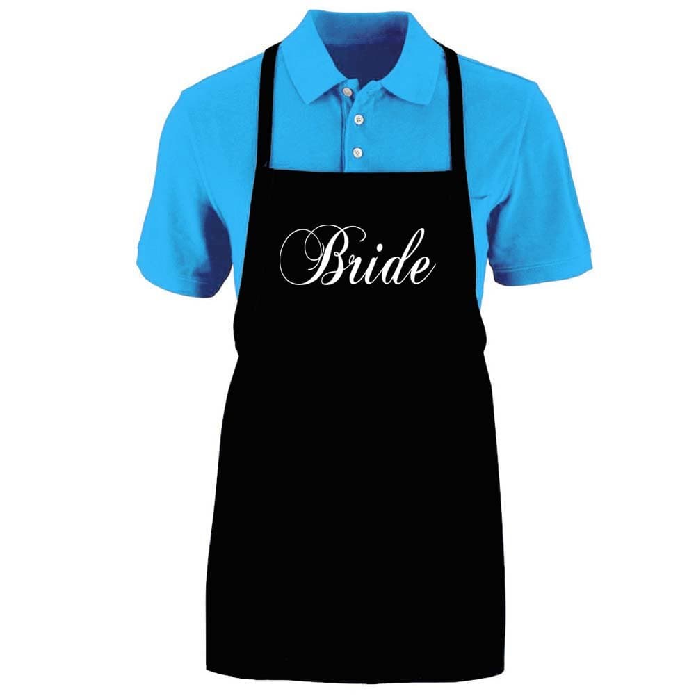 Funny "BRIDE" Apron; One Size Fits Most - Medium Length Kitchen Aprons for Men, Women, Teen, & Kids (Unisex); Soft Cotton Polyester Mix with DuPont Teflon Fabric Protector. Great gift idea.