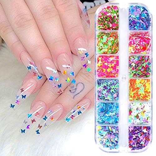 CHANGARButterfly Nail Art Glitter Sequins, 3D Laser Butterfly Nail Decals Sticker Holographic Nail Sparkle Glitter for Manicure Make Up DIY Decals Decoration …