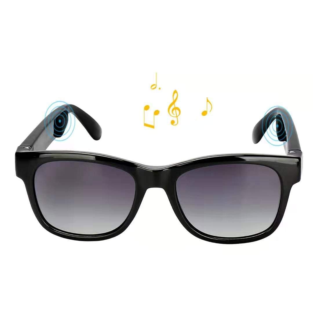 VOCALSKULL Alien Bone Conduction Glasses Polarized Sunglasses Wireless Bluetooth Headset Sports Stereo Music Headphones with Microphone for iOS Android Windows Bright Black Frame (Grey)