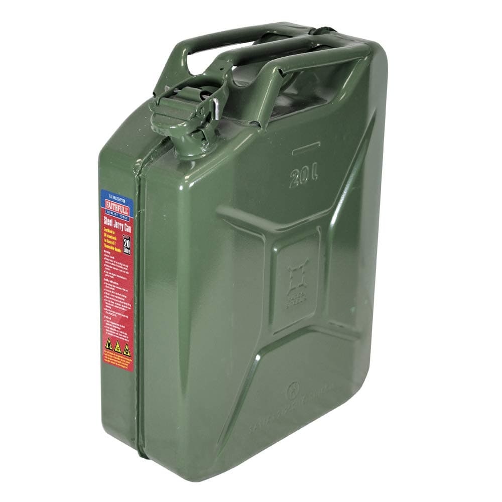 Faithfull 20 Litre Metal Jerry Can – UN & TUV/GS Certified Fuel Container, Carbon Steel Construction, Painted Inside & Out with Lockable Cap, Triple Handle, Gasket Seal & Breather Pipe – Green, 20L