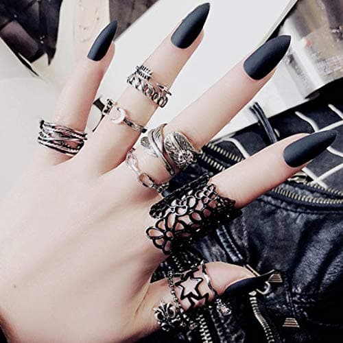 Sethexy 24Pcs Solid Color Matte Sharp False Nails Frosted Fashion Stiletto Full Cover Long Acrylic Claw Fake Nails for Women and Girls (Black)