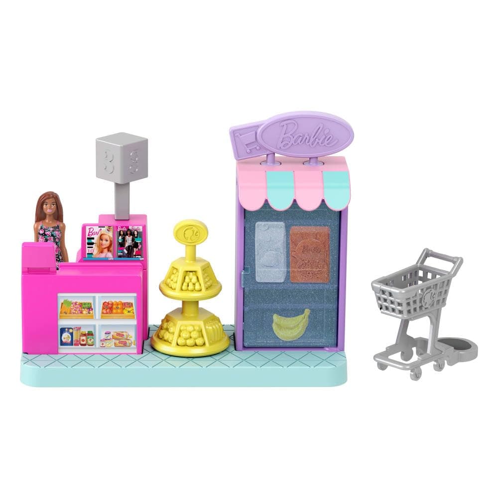Mini BarbieLand Collectible Supermarket Playset with 1.5-Inch Doll, Product Shelves, Check Stand & Shopping Cart for Storytelling Play
