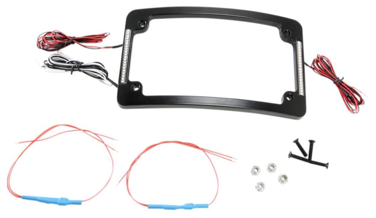 Custom Dynamics Tri Radius Motorcycle License Plate Frame, Red Dual-Intensity Lights, and Plate Illumination - Black