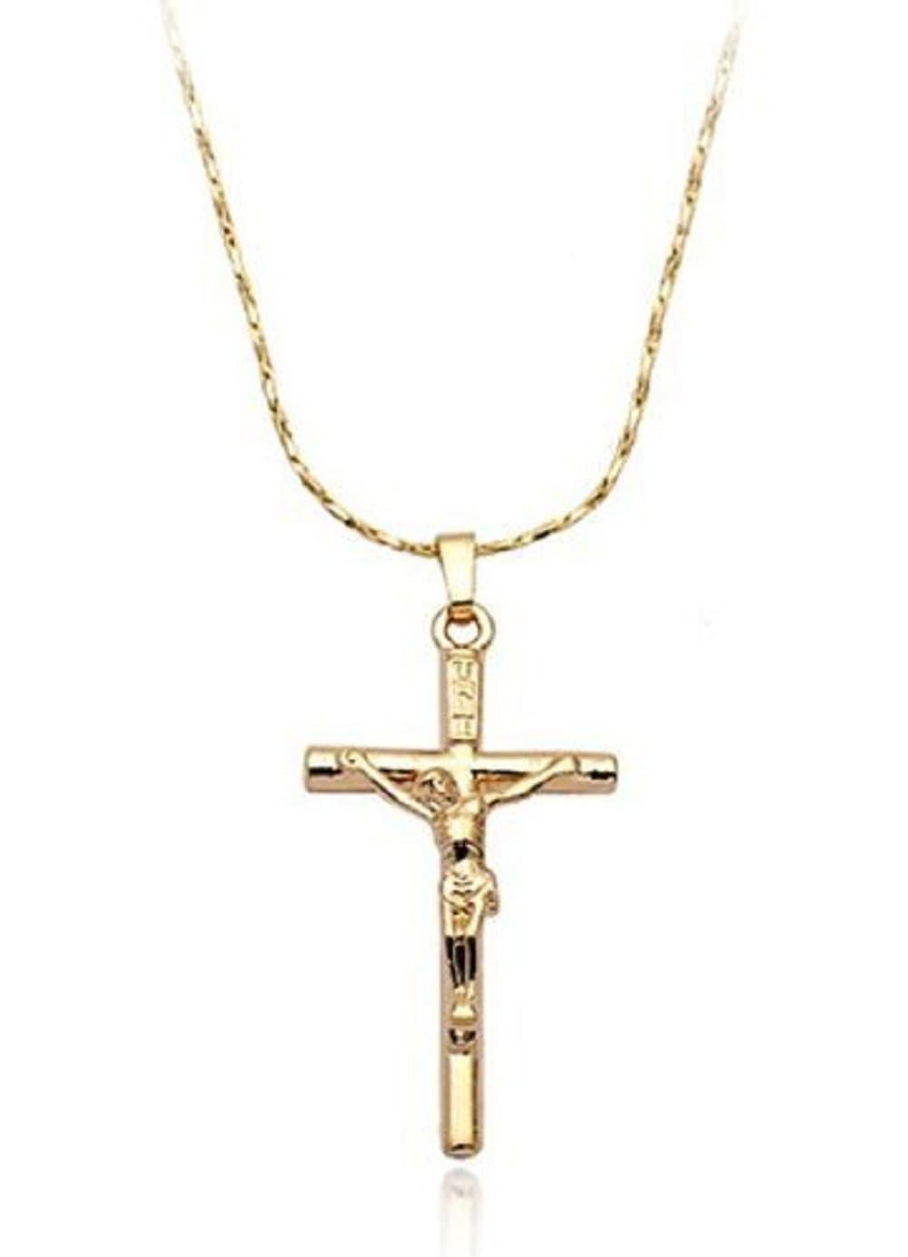 Gold Plated Crucifix Pendant Unisex Cross Necklace 17''