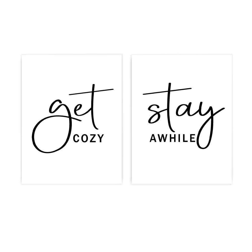 Get Cozy Stay Awhile Sign, Guest Room Wall Décor, Set 2 Of Prints, Above Bed Art Unframed 8x10 Inch