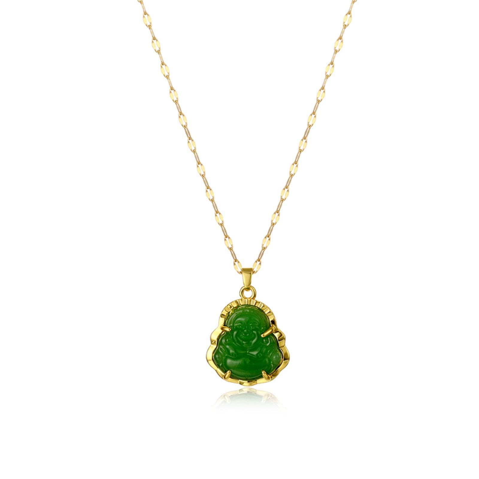 COLORFUL BLING 18k Gold Plated Laughing Buddha Pendant Necklace Green Jade Cubic Zirconia Gemstone Lucky Amulet Jewelry for Women Men