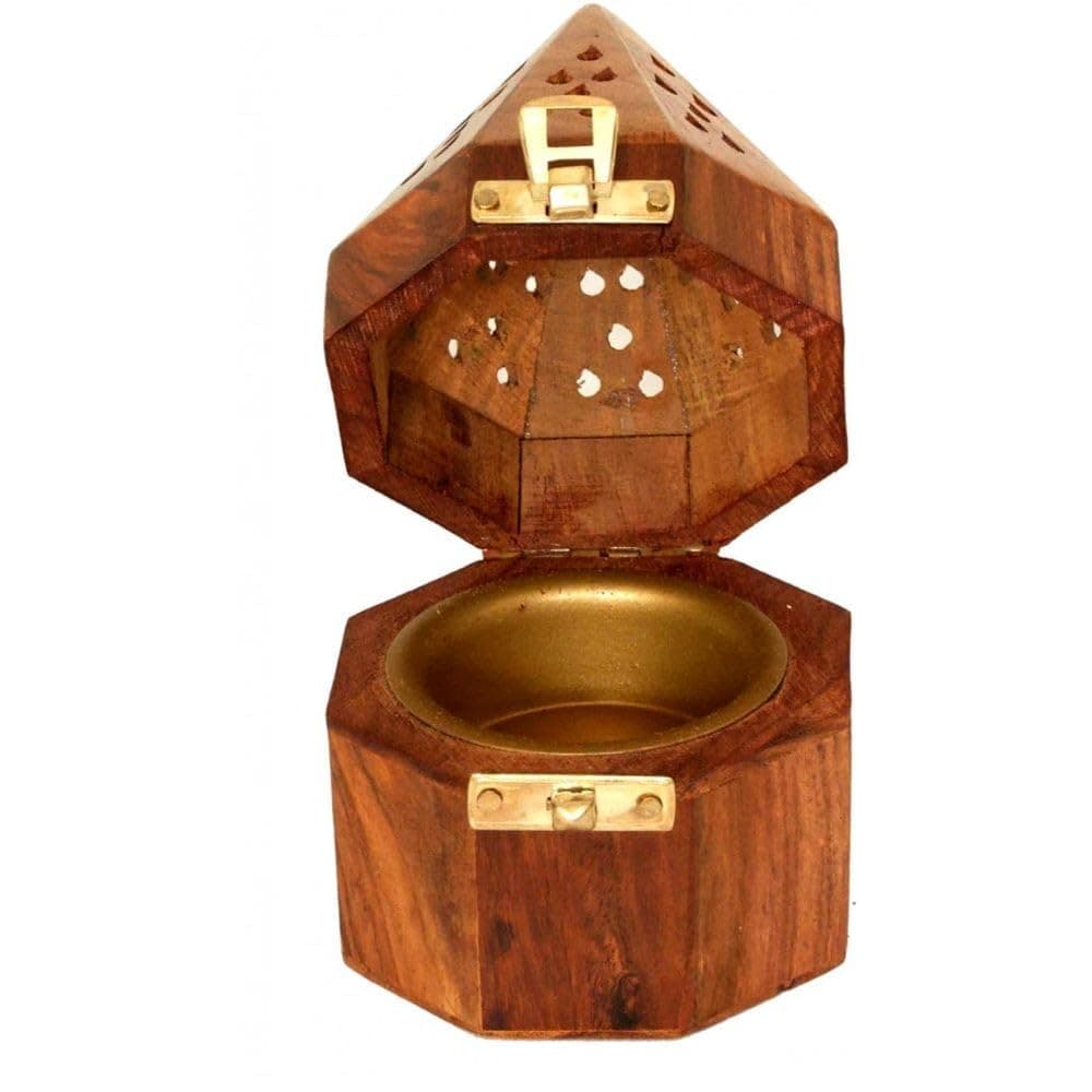 Hexagonal Wooden Bakhoor Burner, Large, Brown