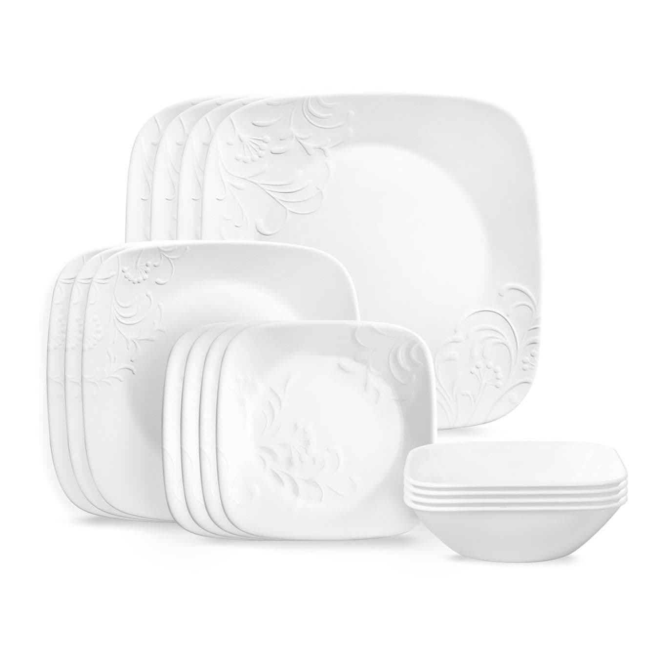 Corelle Cherish 16pc Dinnerware Set, Service for 4, 8 Plates 8 Bowls, Chip & Break Resistant, White Corelleware