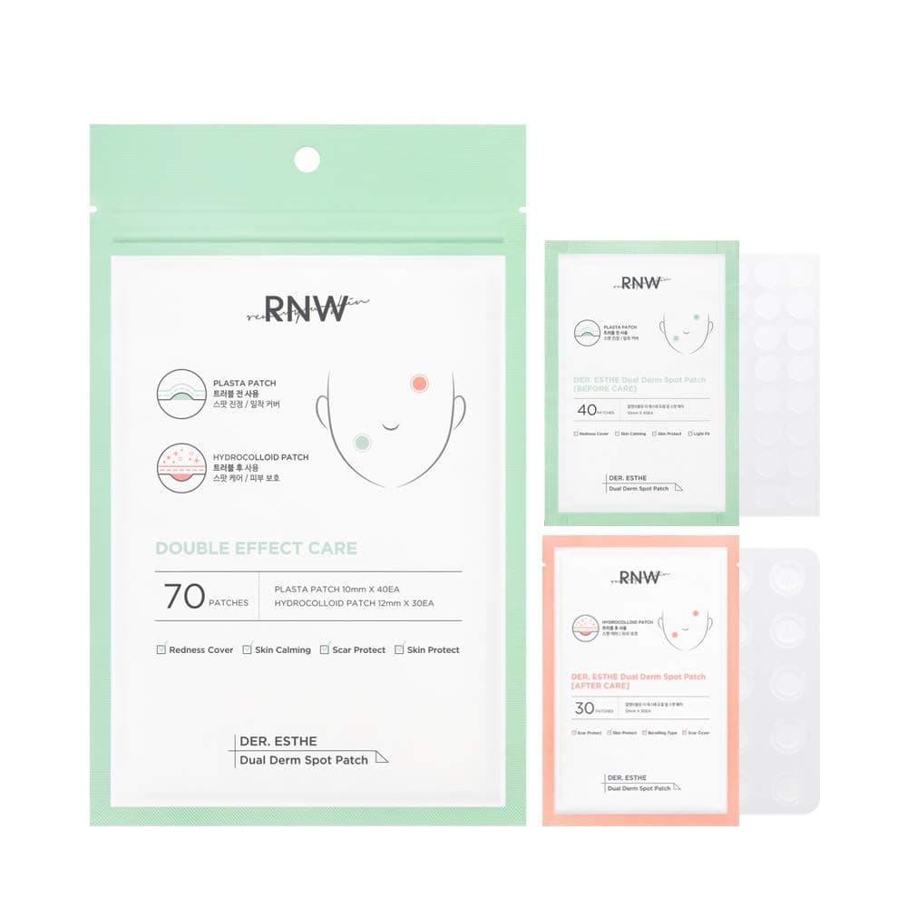 RNW Der. Esthe Dual Derm Spot Patch Set, Plaster Patch + Hydrocolloid Patch (70EA) Care for Acne Pimples Zits Pores | Invisible Blemish Cover | All Day Long Korean Skincare